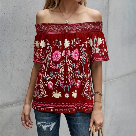 Boho floral print off shoulder blouse White - Picture 7 of 9